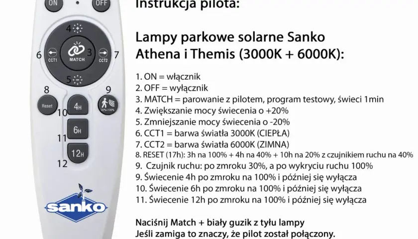 Pilot do lamp solarnych Sanko. Użyj przycisku "MATCH" do pierwszego uruchomienia lampy solarnej i parowania.
