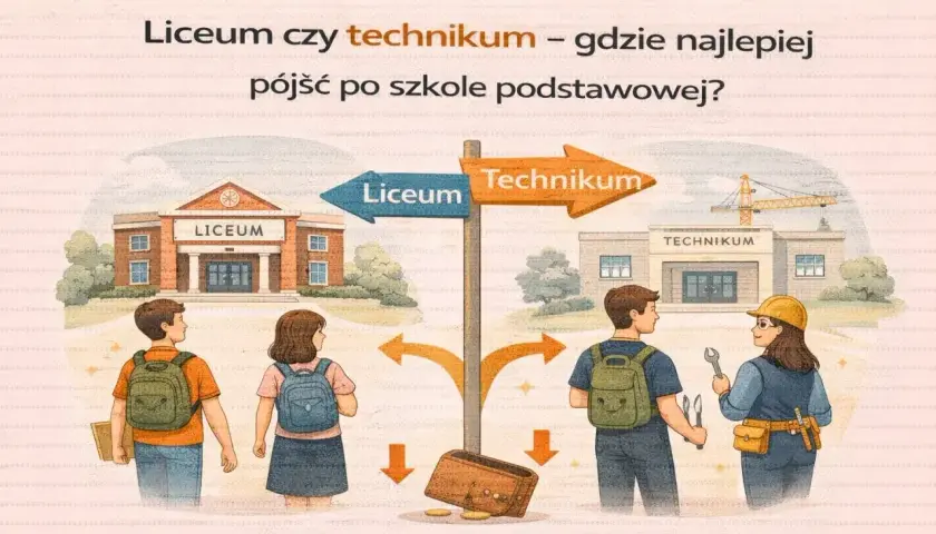 Uczniowie stoją przed rozdrożem: Liceum czy technikum? Wybór ścieżki edukacyjnej po szkole podstawowej jest ważny.