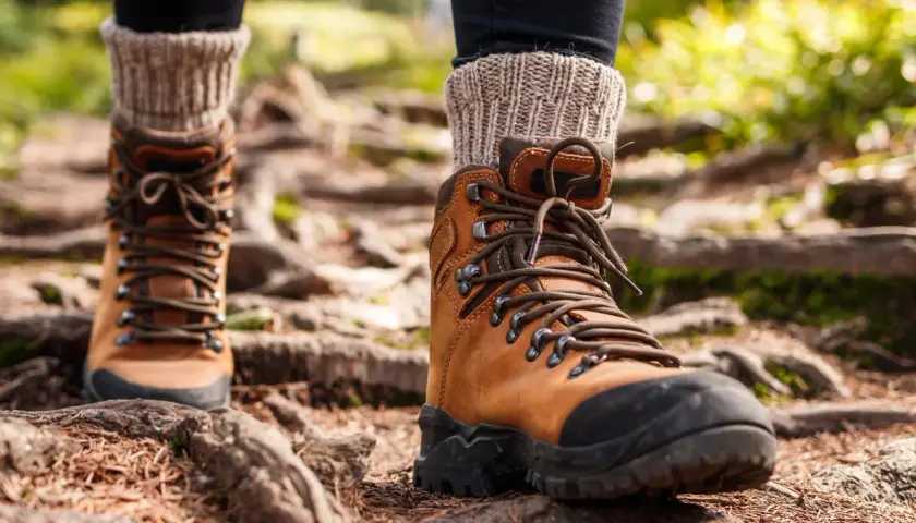 Brown leather hiking boots with thick socks, ready for the trail. Proper wanderschuhe pflegen ensures many adventures.