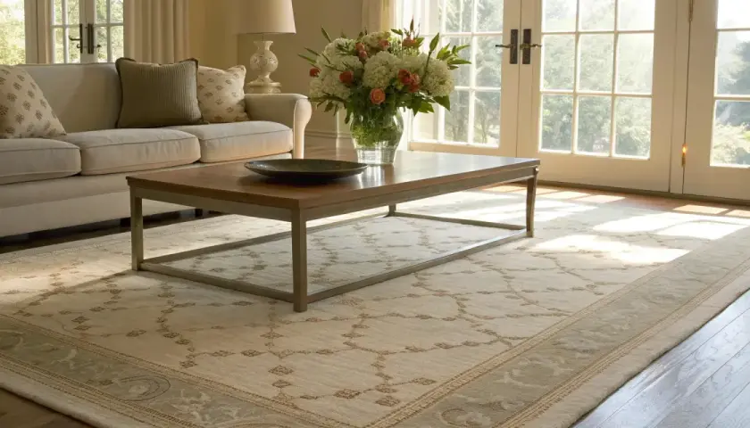 A low pile rug with a subtle geometric pattern anchors a bright living room, complementing a neutral sofa and coffee table.
