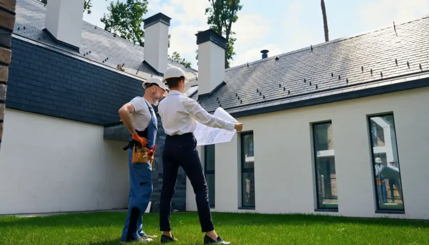Architekt i budowlaniec omawiają plany domu. Czy można mieszkać w domu bez odbioru? To pytanie, na które odpowiedź znajdą analizując projekt.