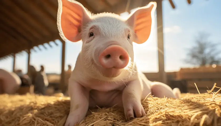 Un adorable porcelet rose, le cochon est il propre ? Il semble tout frais sur son lit de paille, sous le soleil.