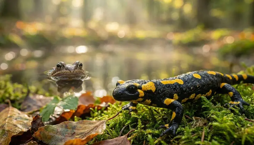 Żywy przykład płazów w Polsce: salamandra plamista i żaba w jesiennym lesie.