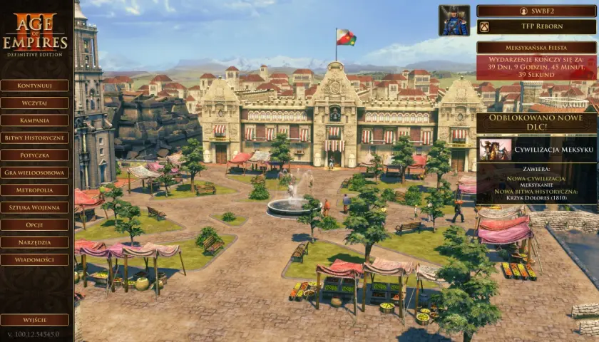 Menu gry Age of Empires 3: Definitive Edition. Widok na plac z budynkiem i straganami. Dostępne spolszczenie.