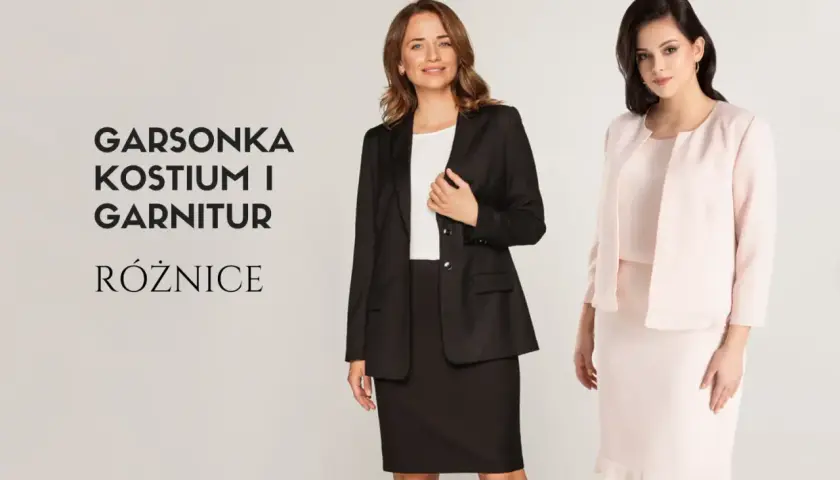 Elegancka garsonka w kolorze czarnym i pudrowym różu. Dwie kobiety prezentują różne fasony kostiumów.