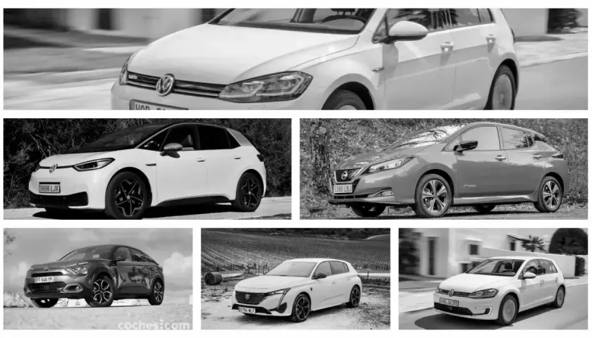 Un collage de cinco coches, mostrando diferentes modelos de hatchback. Destaca un Volkswagen Golf, un VW ID.3, un Nissan Leaf, un Citroën C4 y un Peugeot 308.