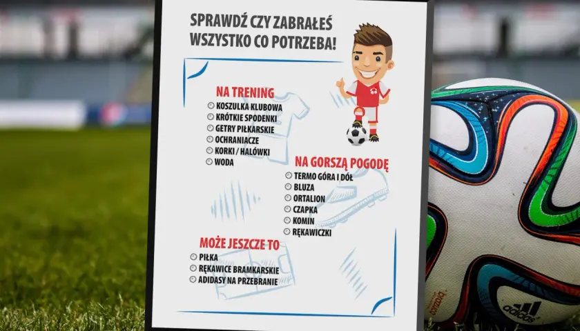 Lista rzeczy na trening piłkarski: koszulka, spodenki, getry, ochraniacze, korki, woda. Na gorszą pogodę: termo, bluza, ortalion, czapka, komin, rękawiczki.