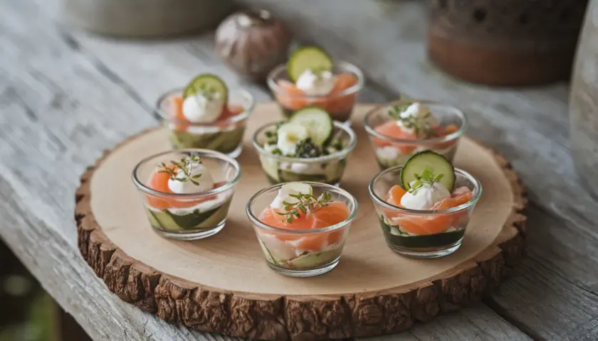 Sept verrines apéro joliment dressées : saumon fumé, avocat, crème et concombre. Parfait pour un apéritif raffiné.