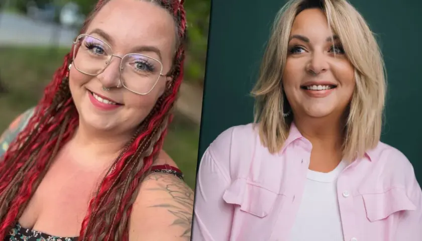 Dwie kobiety, jedna z rudymi warkoczami i okularami, druga z blond włosami w różowej koszuli. Obie uśmiechnięte, jakby każda mama na obrotach znalazła chwilę dla siebie.