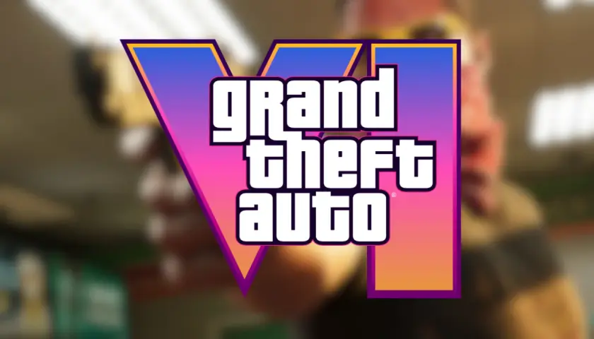 Das Logo von Grand Theft Auto VI ist im Fokus. Ein Mann mit Sonnenbrille hält eine Waffe. Die Fans warten gespannt auf den release gta 6.