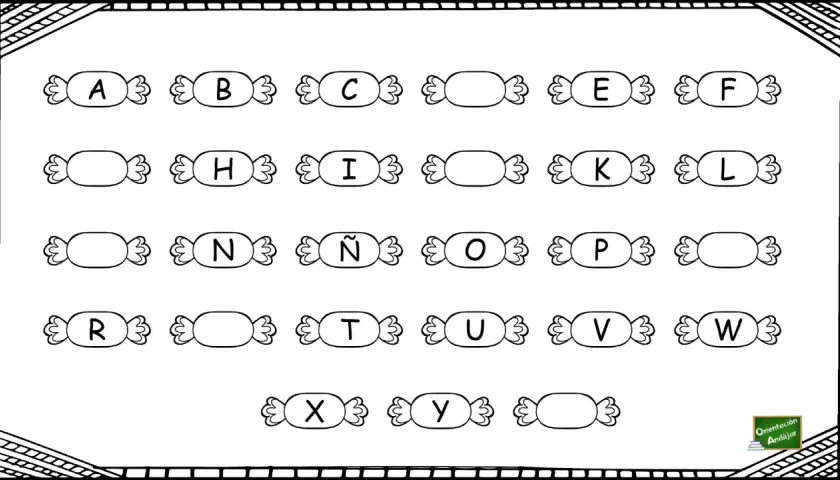 Plantillas de letras para imprimir mayúsculas en forma de caramelos. El abecedario completo para colorear y practicar.