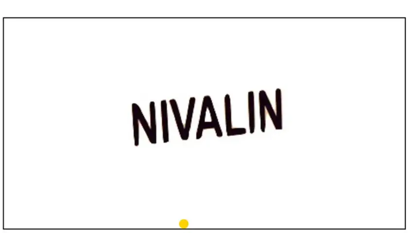 Nivalin - napis na białym tle, poniżej żółta kropka.