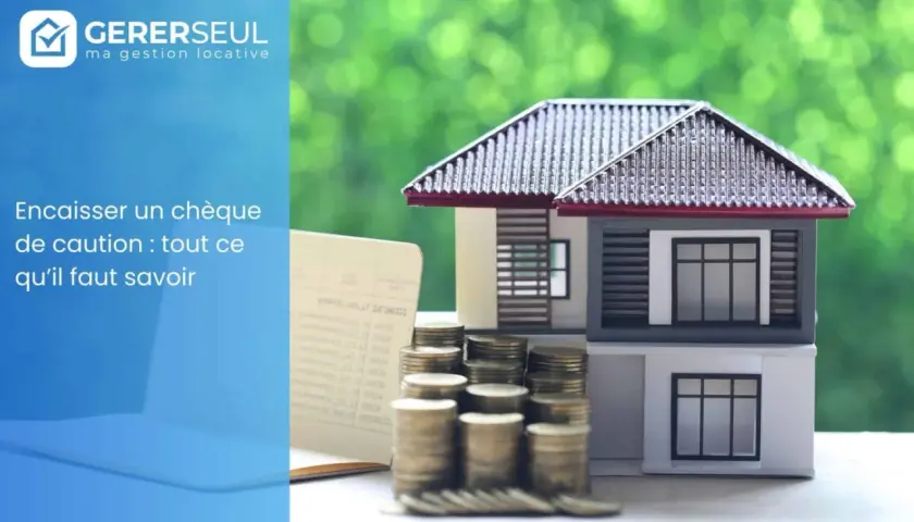Modèle de maison, pièces de monnaie et chéquier. Illustration pour "Encaisser un chèque de caution : tout ce qu'il faut savoir".