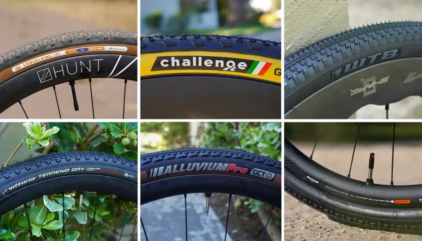 Close-ups of various road tires on gravel bikes, showcasing brands like Panaracer, Challenge, WTB, Vittoria, and Alluvium Pro.
