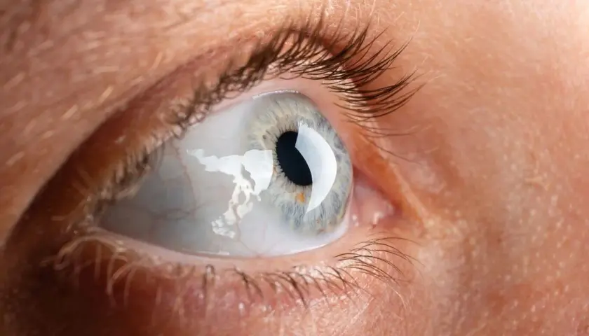 Occhio con sclera arrossata e secrezioni, suggerendo catarro agli occhi. Rimedi naturali e cure mediche possono aiutare.