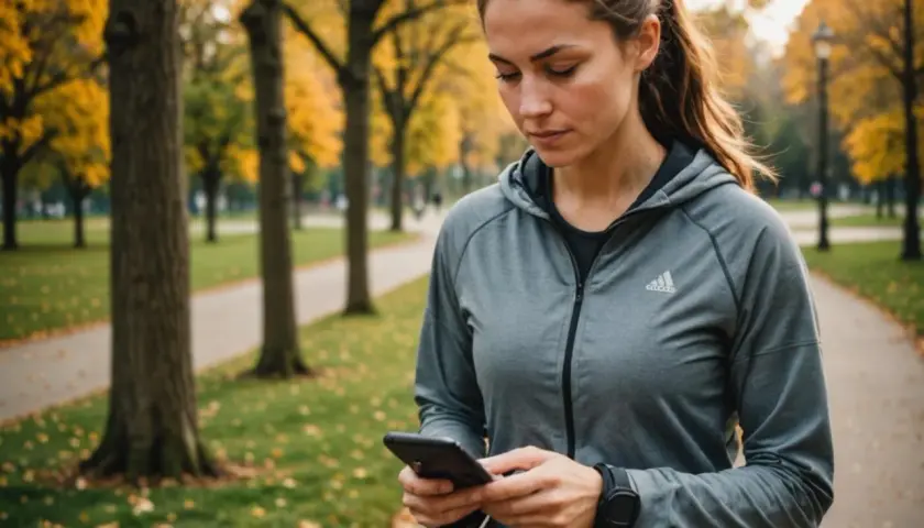 Kobieta w parku sprawdza czas na telefonie, planując swój trening: 10 km w 45 minut.