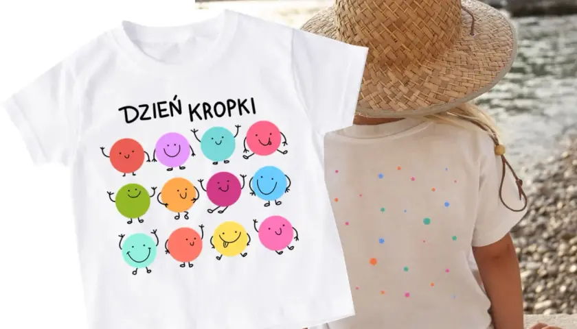 Biała koszulka z napisem "Dzień Kropki" i wesołymi, kolorowymi kropkami. Idealna na świętowanie tego dnia w stylu DIY!