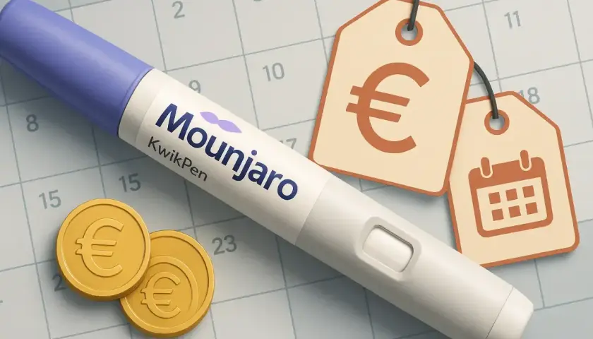Mounjaro KwikPen na tle kalendarza z monetami euro i metkami cenowymi. Sprawdź aktualną mounjaro 10 mg cena.