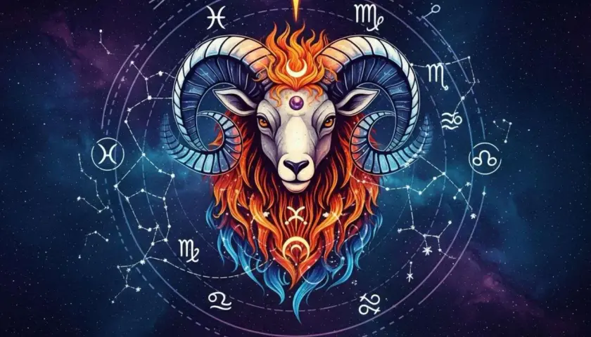 Baran, znak zodiaku 25 kwietnia, z płomienną grzywą i rogami, otoczony konstelacjami i symbolami zodiaku na tle kosmosu.