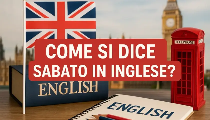 Bandiera inglese, libro "English", cabina telefonica rossa e la domanda: "Come si dice sabato in inglese?". Impara le zilele saptamanii in engleza!