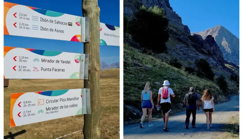 Señalización de rutas en Panticosa: Ibón de Sabocos, Mirador de Yandel y Circular Pico Mandilar. Senderistas disfrutan del paisaje montañoso.