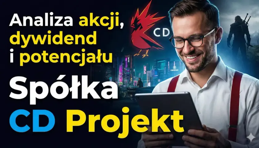 Analiza akcji, dywidend i potencjału spółki CD Projekt. Wykresy i grafiki nawiązujące do gier.