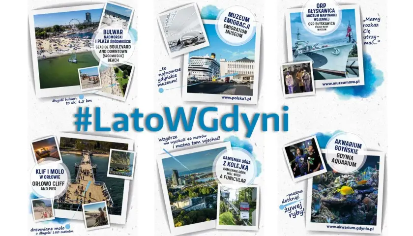 Kolaż zdjęć z Gdyni: plaża, molo, muzea, kolejka, akwarium.