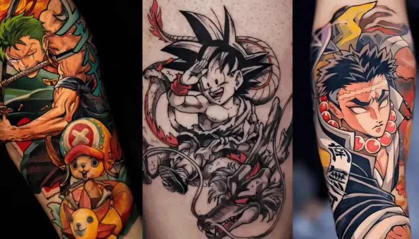 Trzy tatuaże w stylu tatuaż manga: Zoro z One Piece, Goku z Dragon Ball i postać z Demon Slayer.