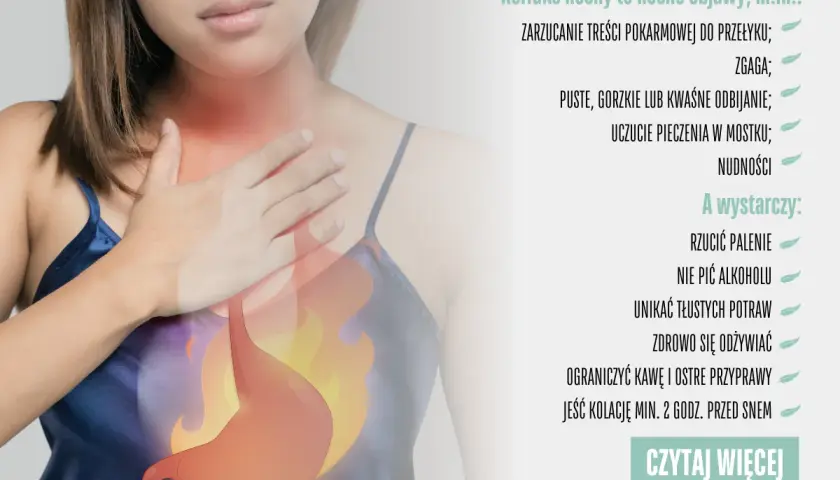 Kobieta odczuwa pieczenie w klatce piersiowej, objaw refluksu, który może być powiązany z bólem głowy.