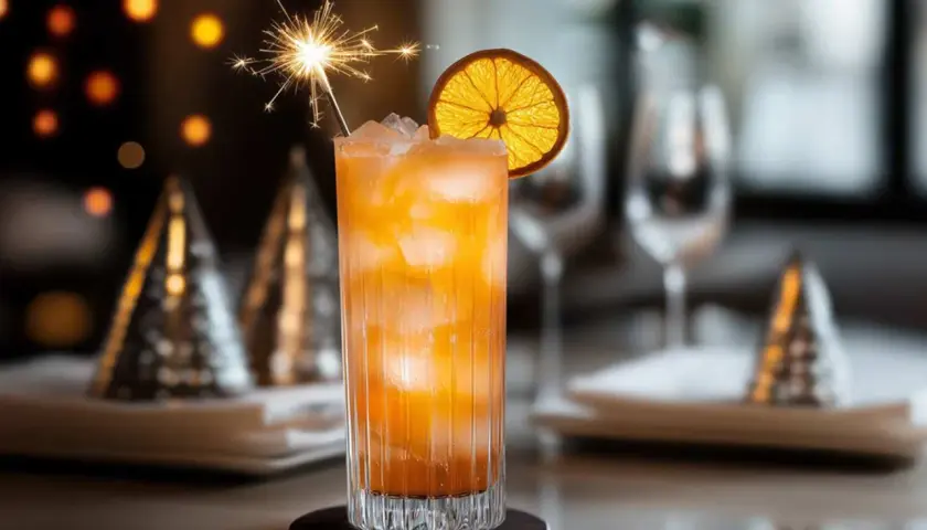 En festlig Singapore Sling med en gnistrande stjärntändare och en torkad apelsinskiva.