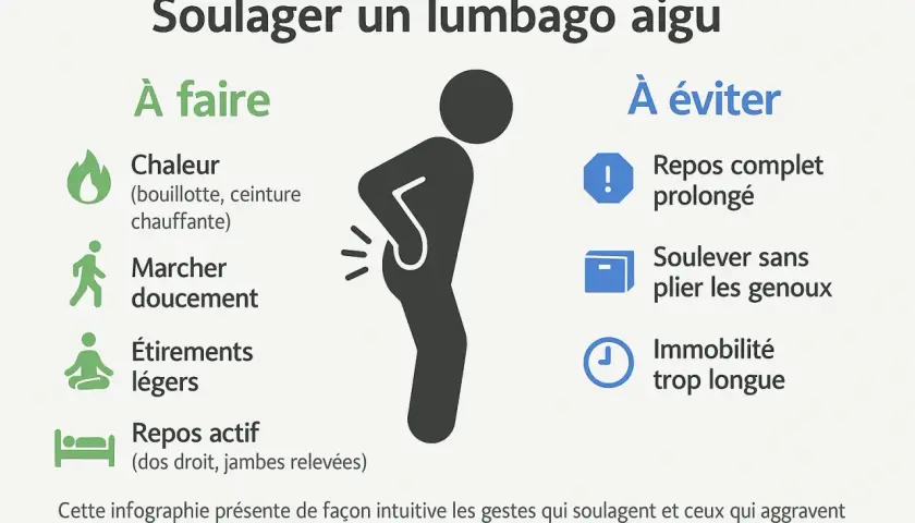 Infographie sur le soulagement d'un lumbago aigu : chaleur, marche douce, étirements légers, repos actif. À éviter : repos prolongé, soulever sans plier les genoux, immobilité.