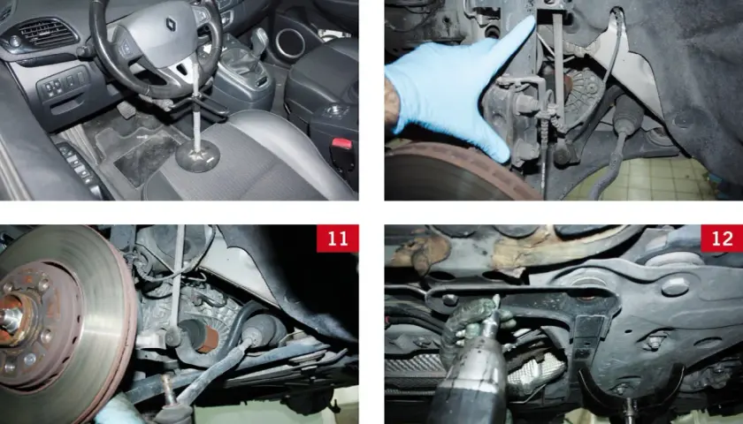 Wnętrze Renault Scenic, ręka w rękawiczce wskazująca amortyzator, hamulec i podwozie samochodu.