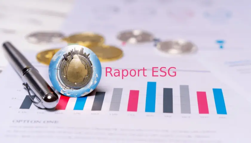 Długopis i szklana kula z panoramą miasta na wykresie słupkowym, obok napisu "Raport ESG". Analiza danych finansowych i społecznych.