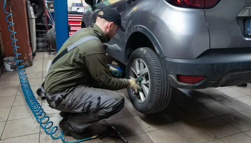 Mechanik wymienia koło w samochodzie. Czy w Polsce obowiązują opony zimowe? To pytanie zadaje sobie wielu kierowców przed sezonem.