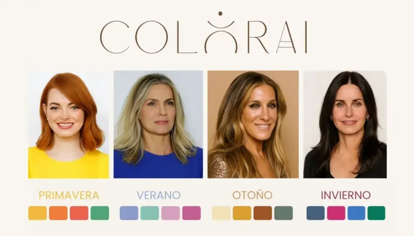 Cuatro mujeres representan los tipos de colorimetría: Primavera, Verano, Otoño e Invierno, con paletas de colores asociadas.