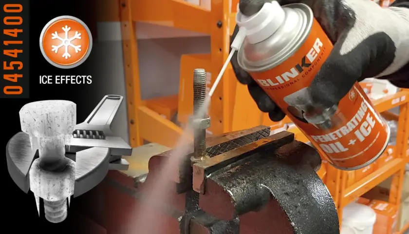 Guantes rociando un tornillo oxidado con un spray "Penetrating Oil + Ice" para ayudarte como aflojar tuercas y tornillos agarrotados oxidados o pegados.