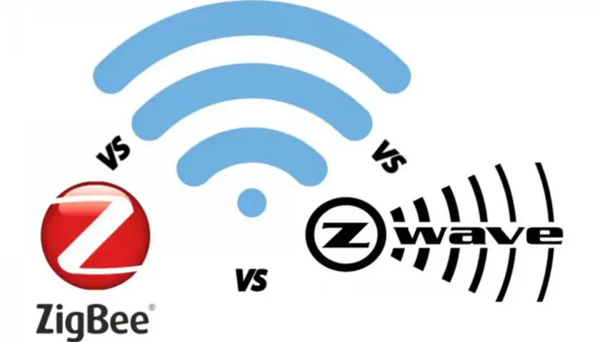 Comparativa visual de Zigbee vs Z-Wave, mostrando sus logos y ondas de señal.