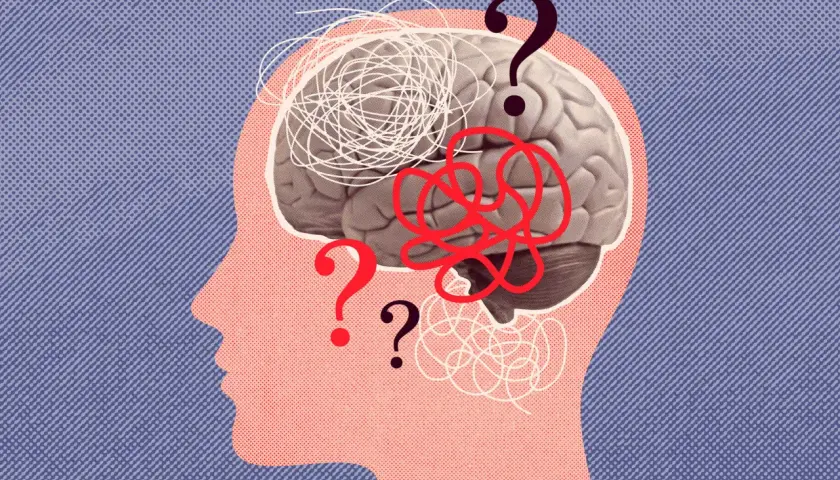Profilo stilizzato con cervello e grovigli di pensieri, punti interrogativi che simboleggiano l'overthinking significato.
