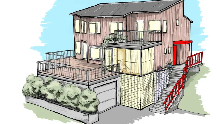 En illustration av ett modernt hus med stora fönster, balkonger och en röd entré.