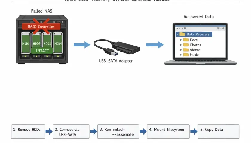 RAID-Datenwiederherstellung: Aus einem ausgefallenen NAS mit intakten Festplatten werden Daten über einen USB-SATA-Adapter auf einen Laptop kopiert, um den **home server** wiederherzustellen.