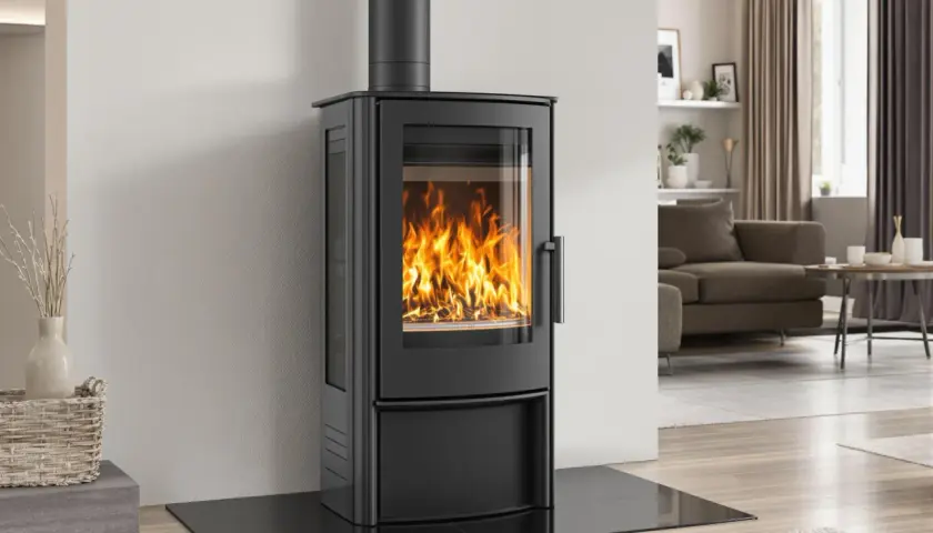 Poêle à bois étanche moderne avec une grande vitre laissant admirer les flammes dans un salon cosy.