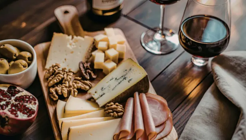 Deska serów, wędlin i owoców, idealna do degustacji toscana rosso.