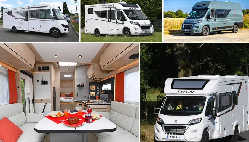 Collage de camping-cars Rapido : extérieurs et intérieur d'un modèle.