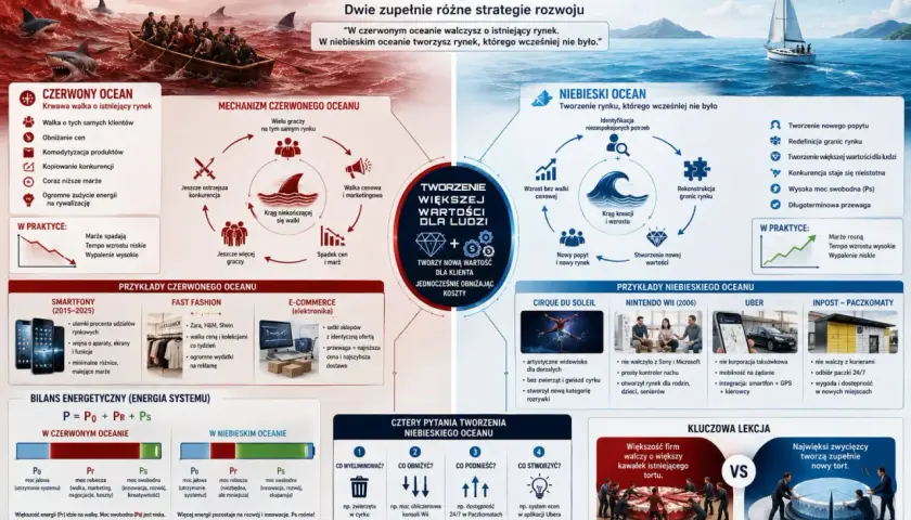 Czerwony ocean to krwawa walka o rynek, niebieski ocean to tworzenie nowego. Strategia czerwonego oceanu to walka o klienta, niebieski ocean to tworzenie wartości.