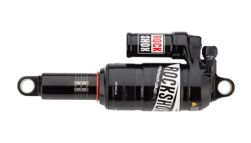 RockShox Monarch Plus RC3 rear shock absorber for mountain bikes, black with white lettering and red accents.