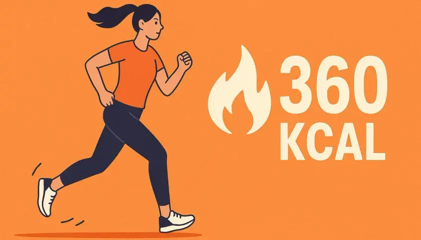 Ilustracja kobiety biegającej obok napisu "360 KCAL" i symbolu ognia.