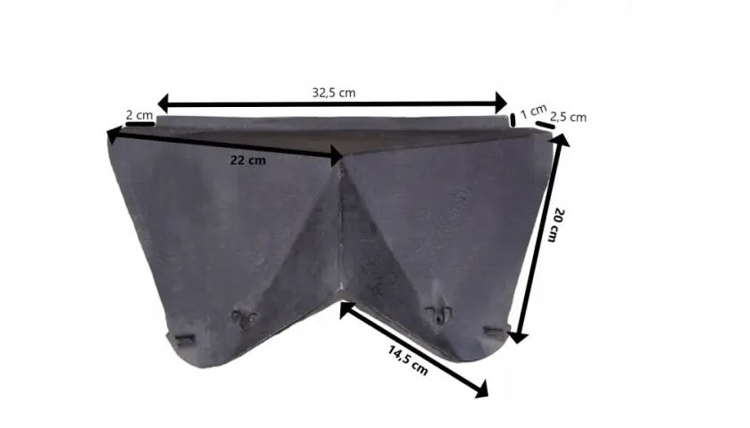 Czarny deflektor do kominka Nordflam, wykonany z metalu, z widocznymi wymiarami: 32,5 cm, 22 cm, 20 cm, 14,5 cm, 2,5 cm i 1 cm.