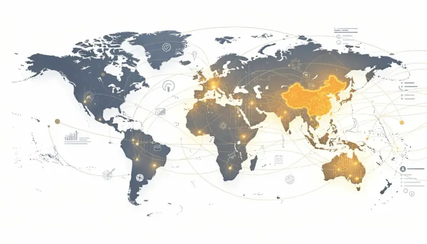 Weltkarte mit leuchtendem China und Australien, die die Dynamik der msci emerging markets symbolisieren. Vernetzte Linien zeigen globale Verbindungen.