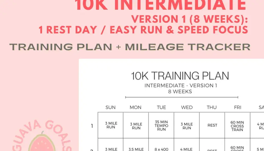 Plan treningowy na 10 km w 45 minut. Tabela z ćwiczeniami na 8 tygodni, zawiera biegi, treningi tempowe i dni odpoczynku.