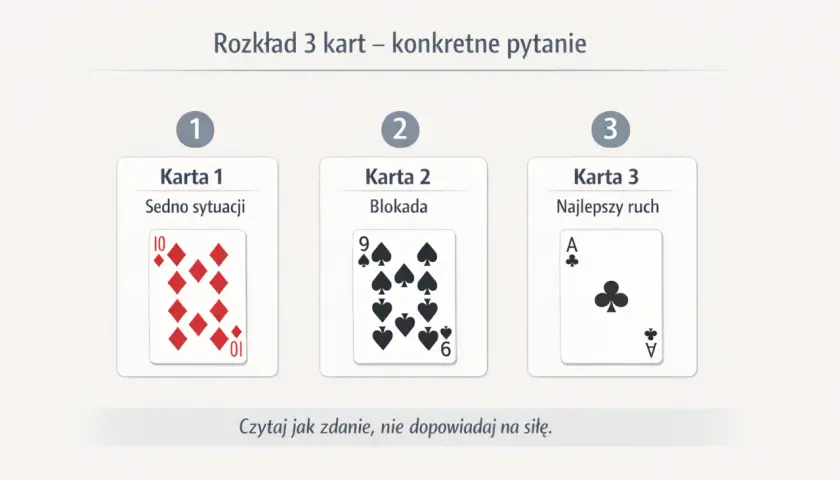 Wróżby wszystko o miłości: rozkład 3 kart pokazuje sedno sytuacji (10 karo), blokadę (9 pik) i najlepszy ruch (As trefl).